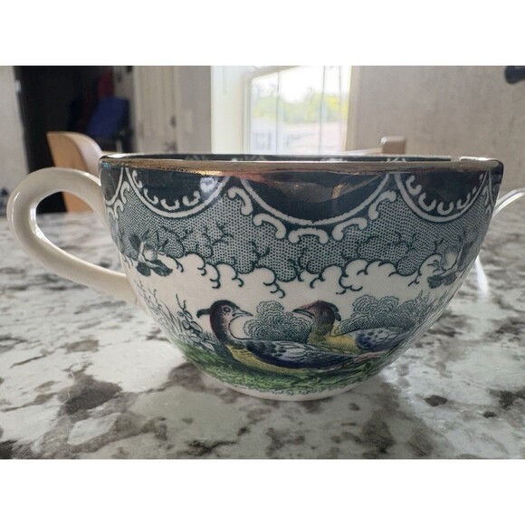 PV France Quimper Style Scenic Teacup Saucer Rare HTF Birds and Flowers SEE Pics - Picture 5 of 11